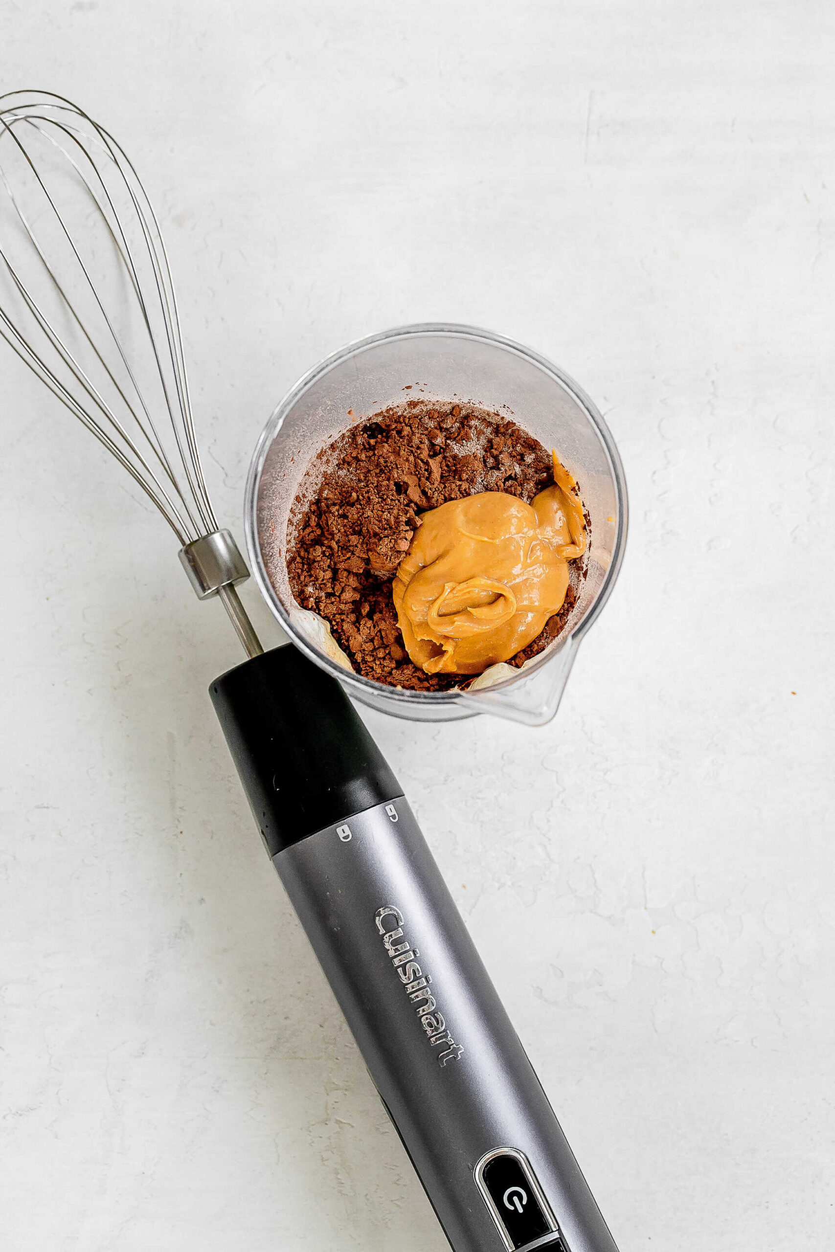 ingredients in blending jar with immersion blender. 