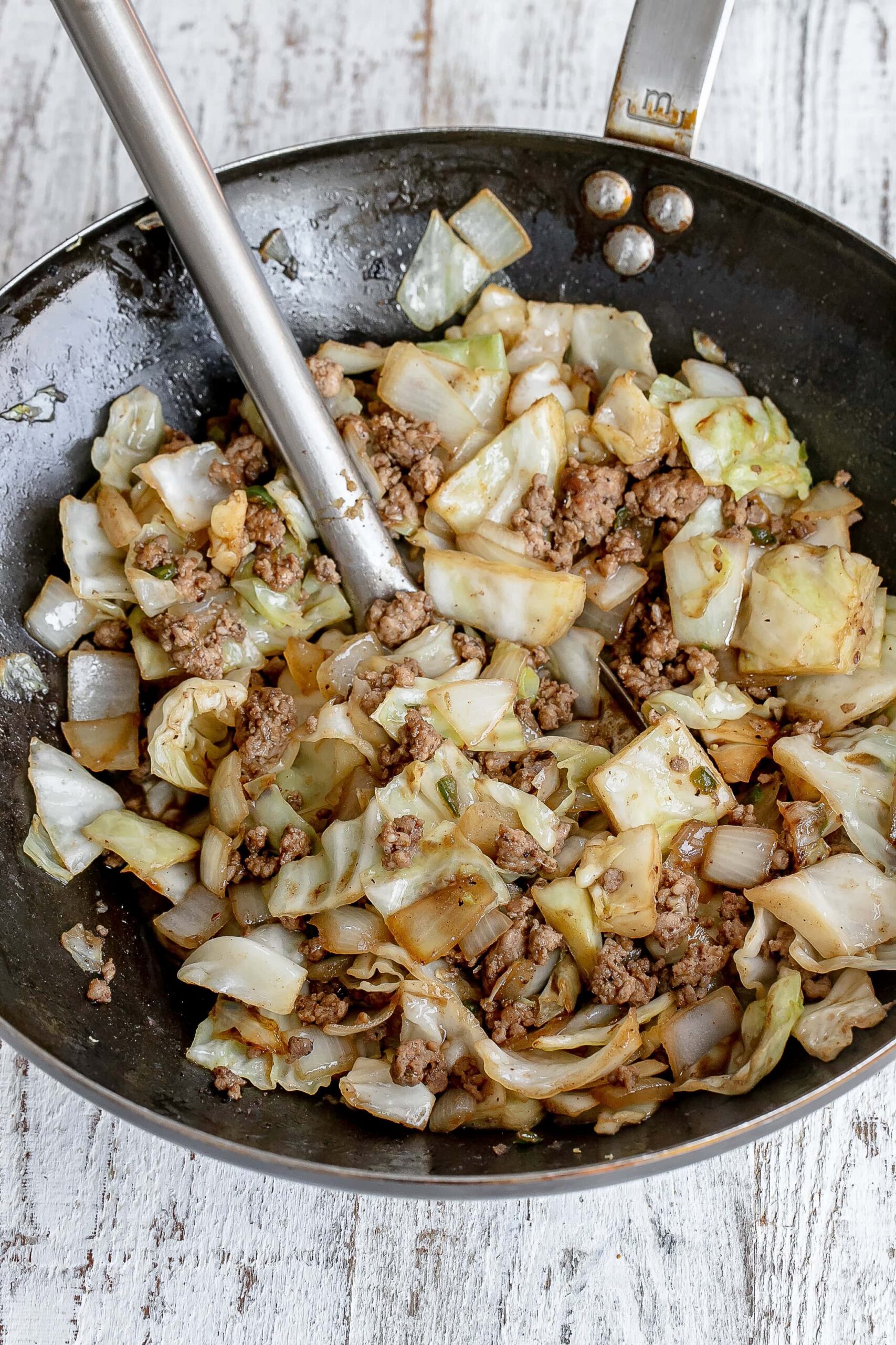 ground pork, cabbage and onion stir fry.