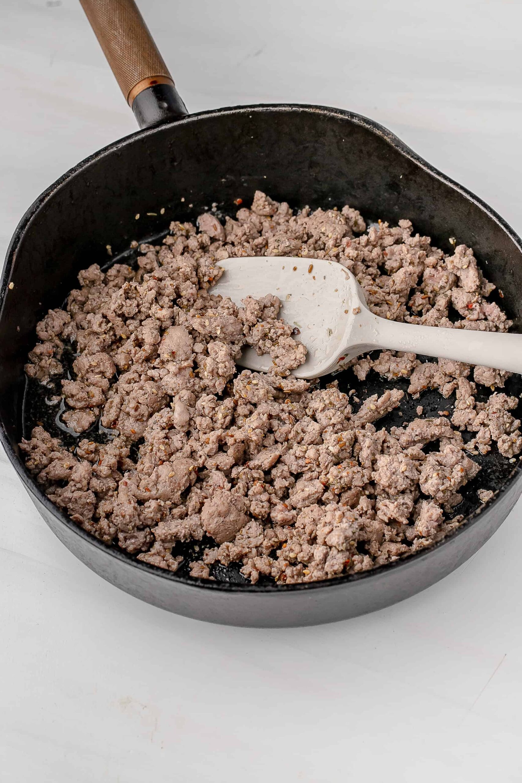 ground lamb cooked in cast iron skillet. 