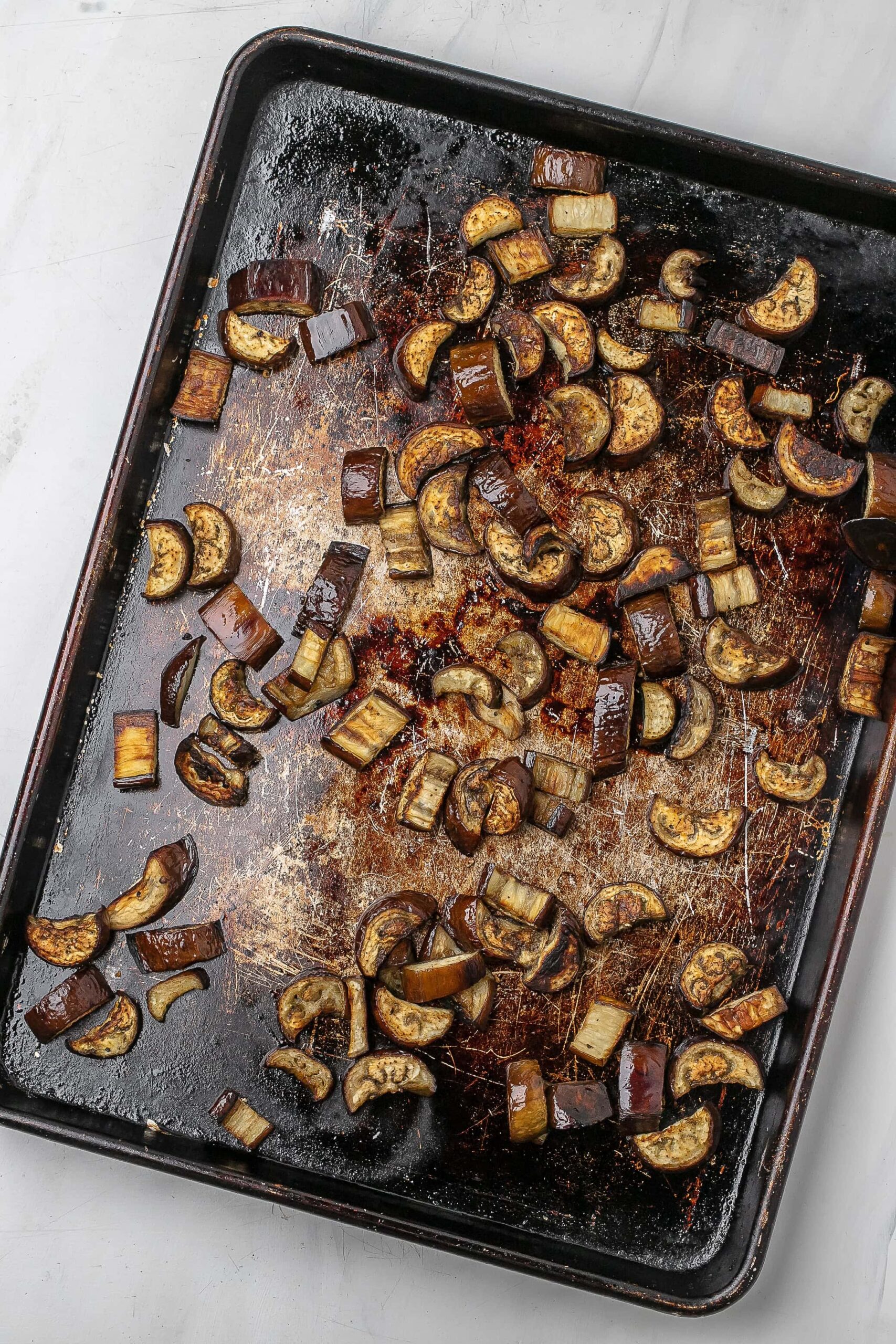 baked eggplant on sheet pan.
