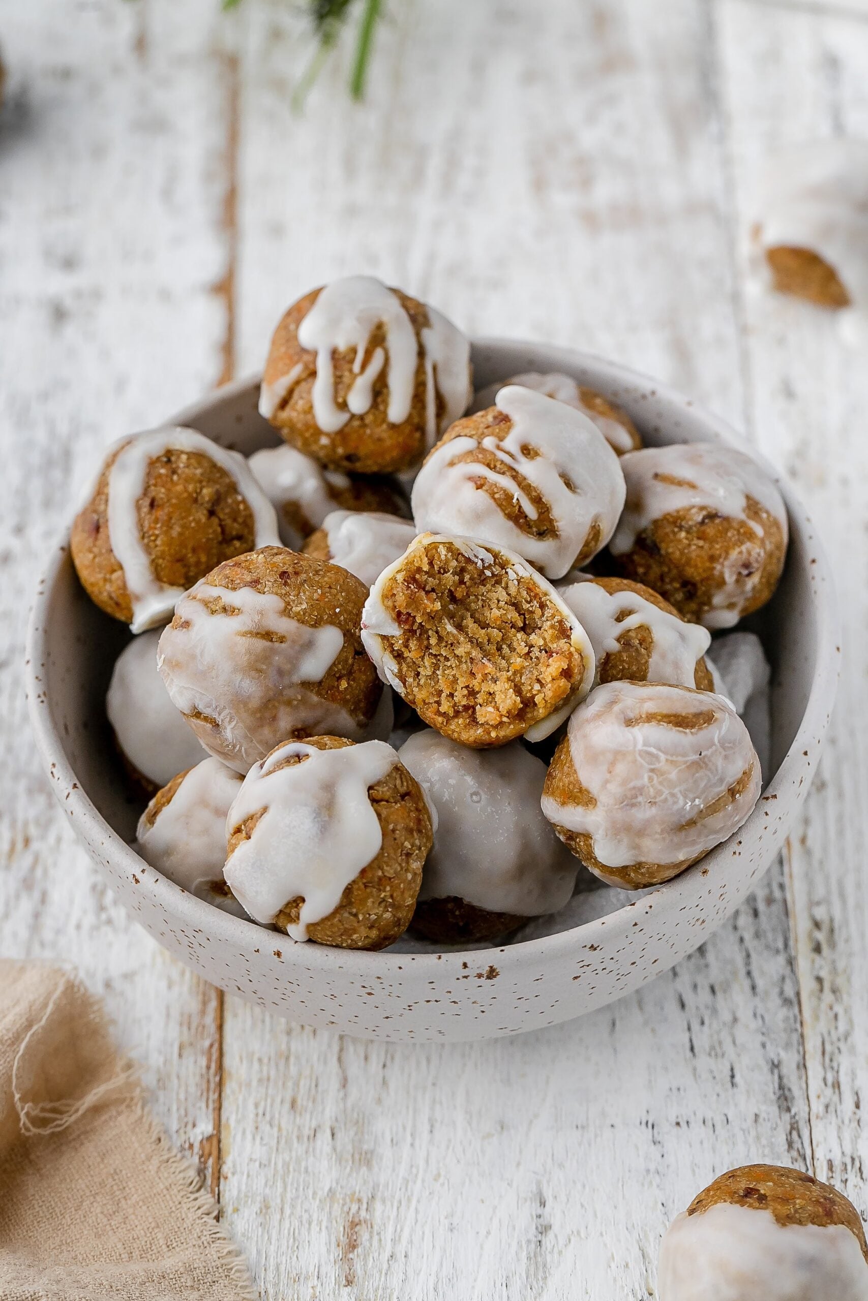 carrot cake bites in a bowl.