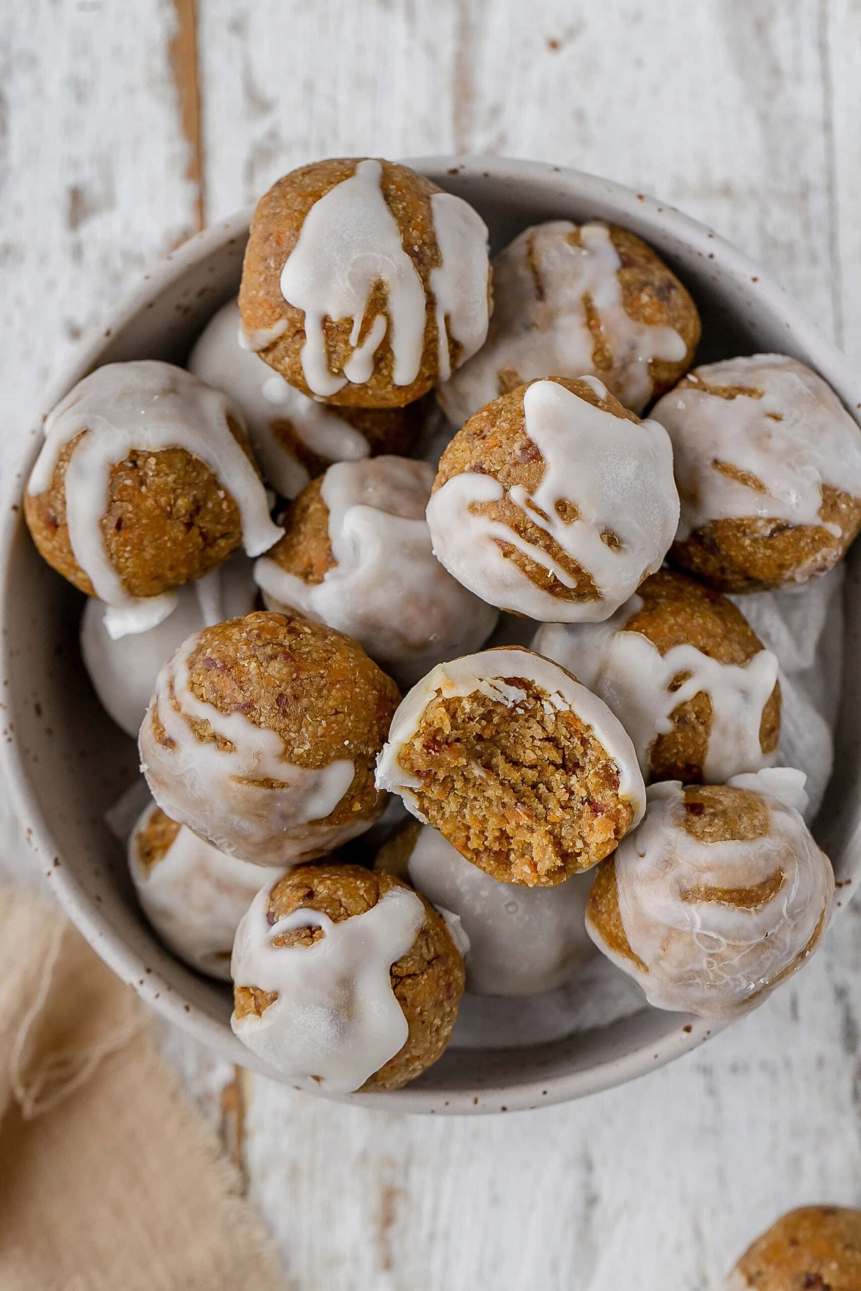 carrot cake bites in a bowl.