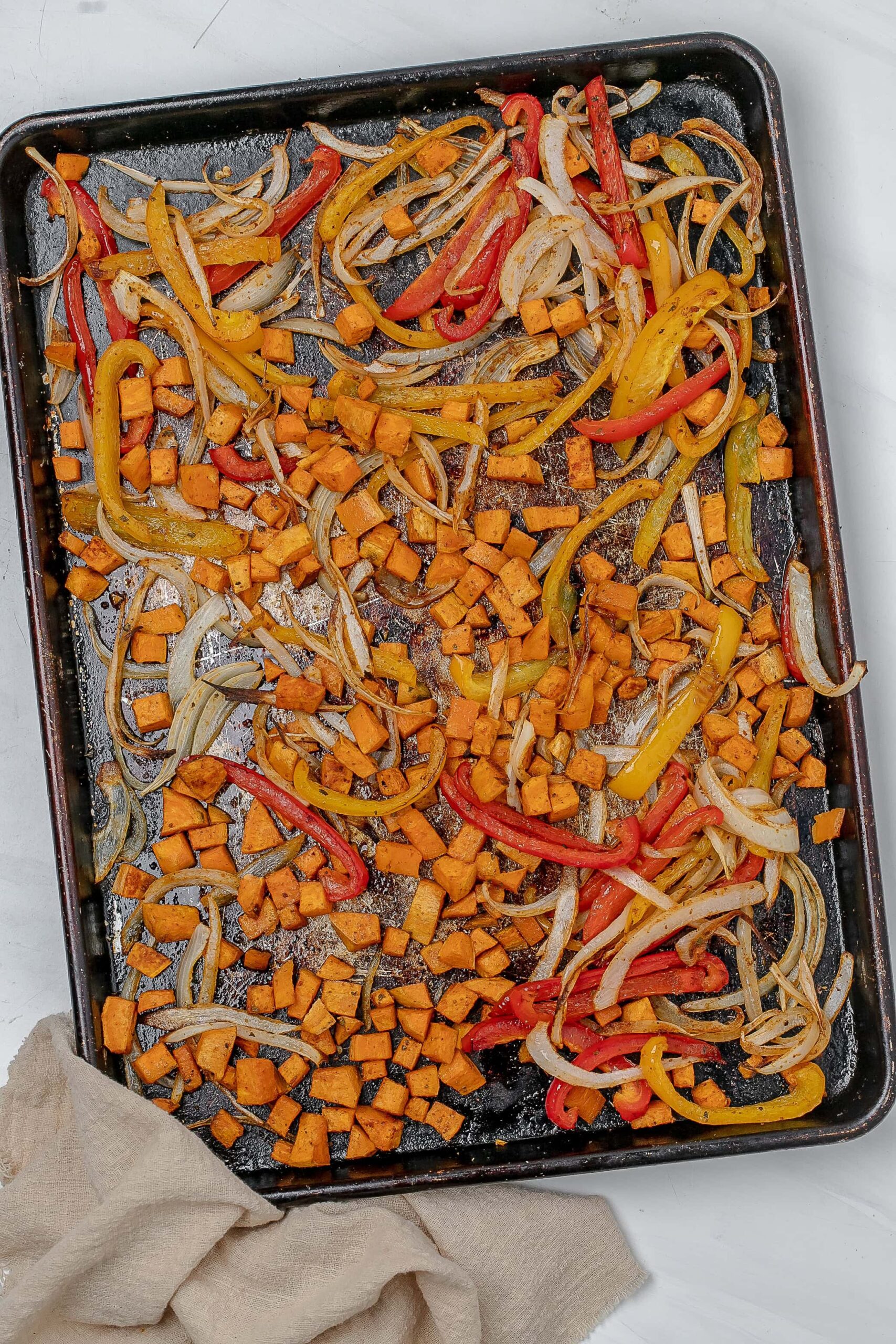 cooked veggies on baking sheet.