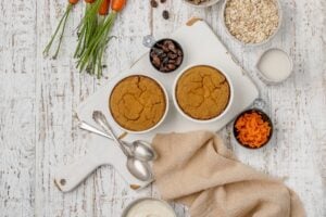 carrot cake baked oats in ramekins.
