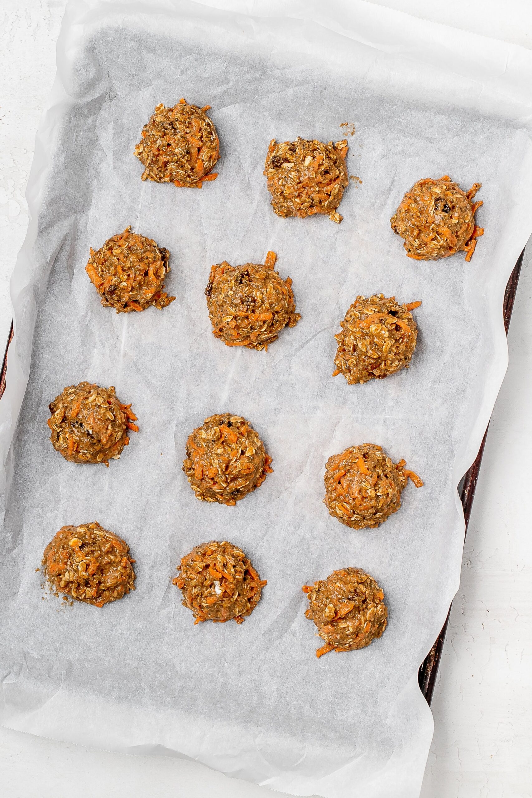 cookie dough scooped onto baking sheet.
