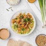 salmon with peanut sauce in a bowl with rice and cabbage slaw.