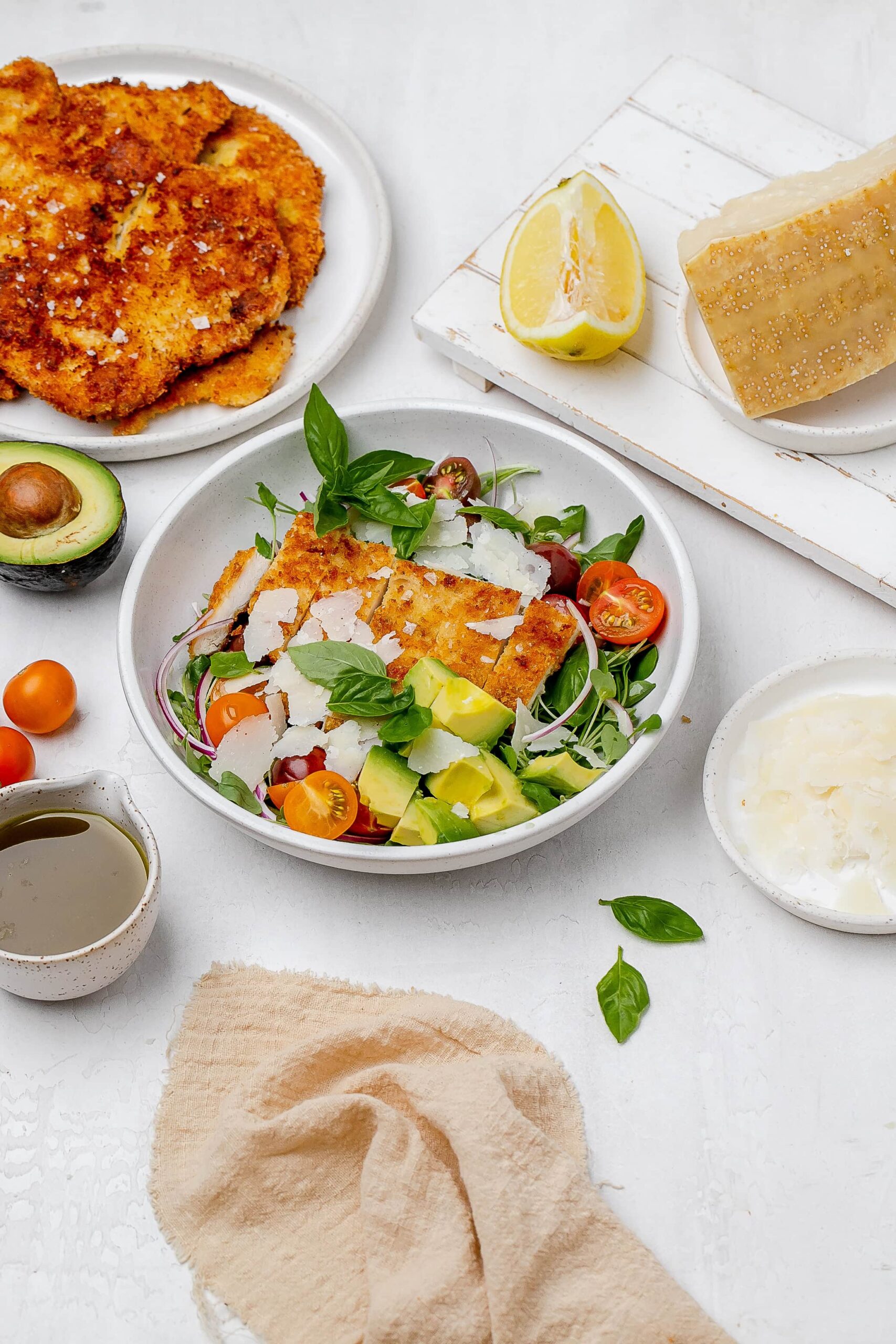 chicken Milanese salad in a bowl.